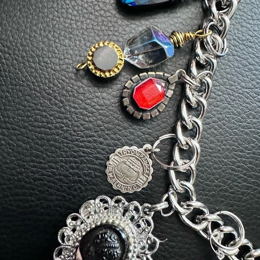 Custom Handmade Charm Bracelet BLACK ONYX CAMEO Repurposed Silvertone Chain 4343